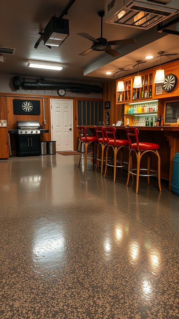 A stylish garage bar with polished epoxy flooring, rustic bar counter, and a grill.