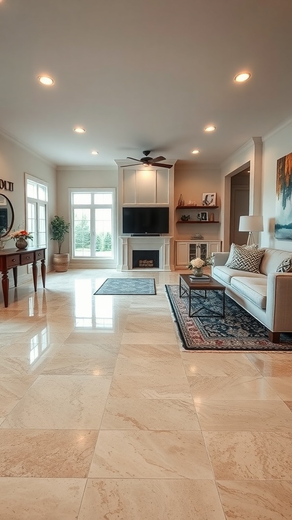 A modern living room with a sleek epoxy floor, showcasing elegance and warmth.