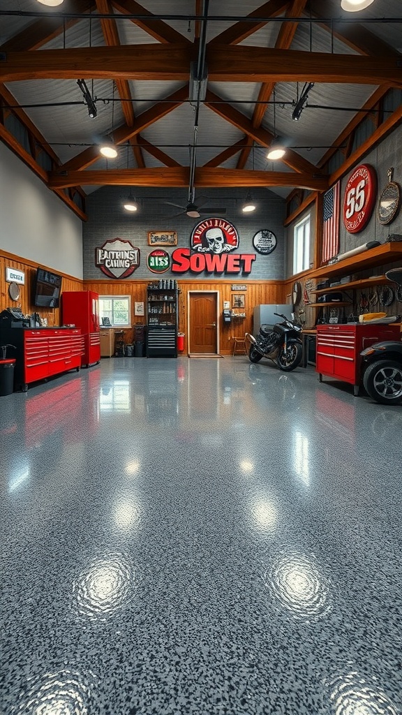 A spacious garage workshop with a textured epoxy floor, showcasing a stylish interior and organized tools.