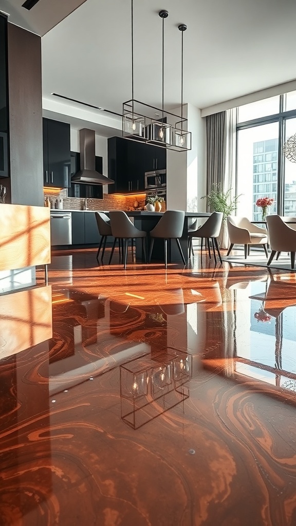 Luxurious copper metallic epoxy floor in a modern kitchen with bright lighting