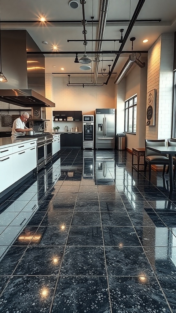 A modern kitchen featuring a glossy epoxy floor with a textured surface for safety.