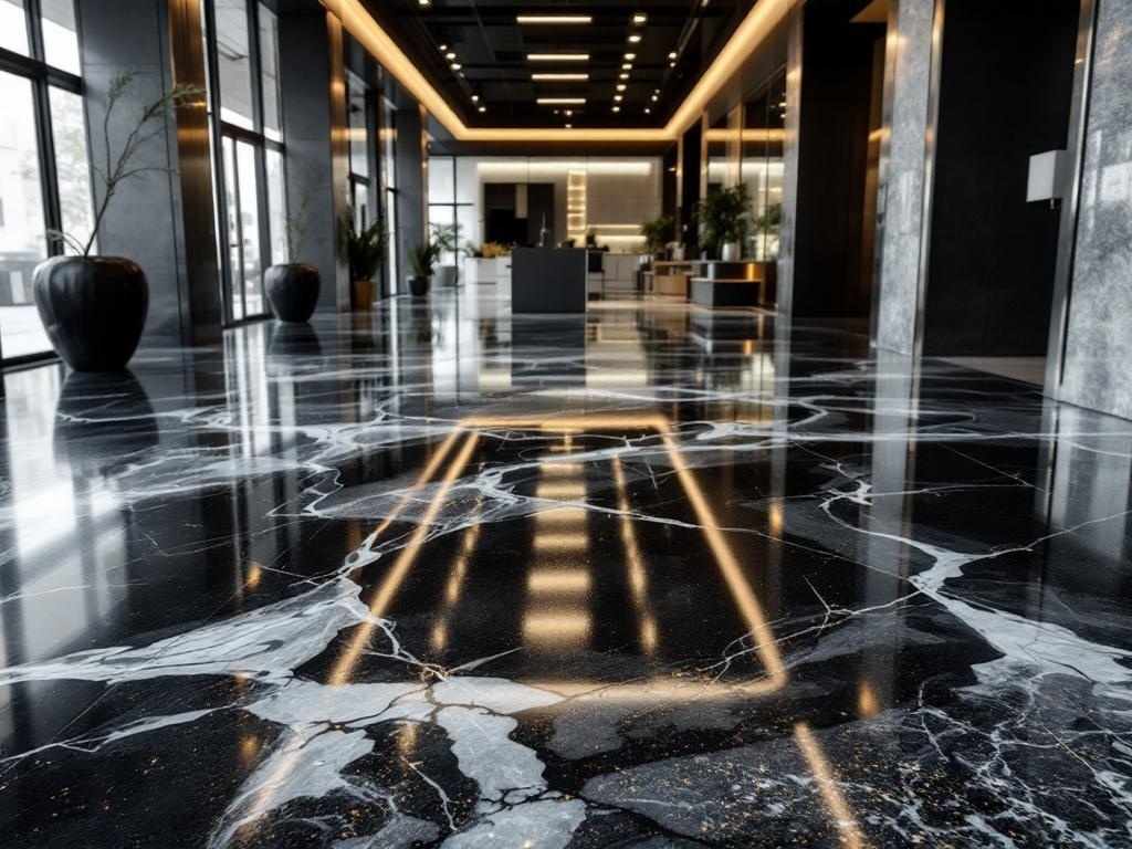 A modern epoxy floor with a glossy black finish and white marble-like veins, reflecting light in a stylish commercial space.