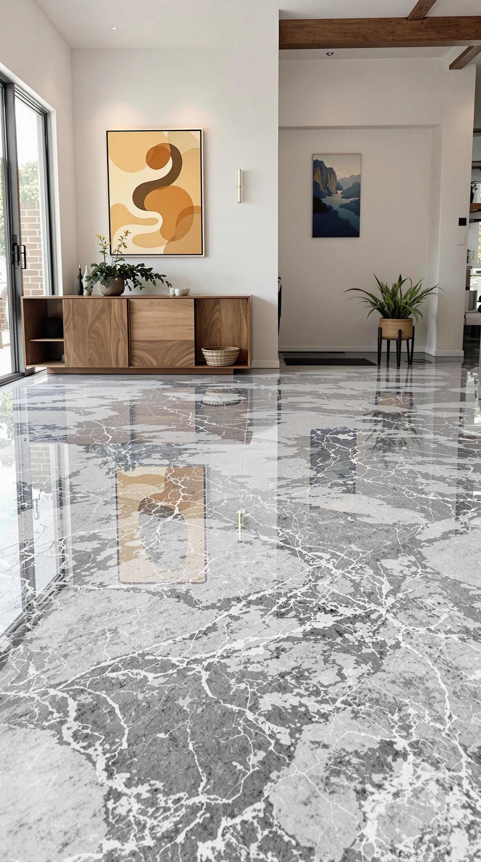 A modern living space featuring a glossy marble concrete epoxy floor.