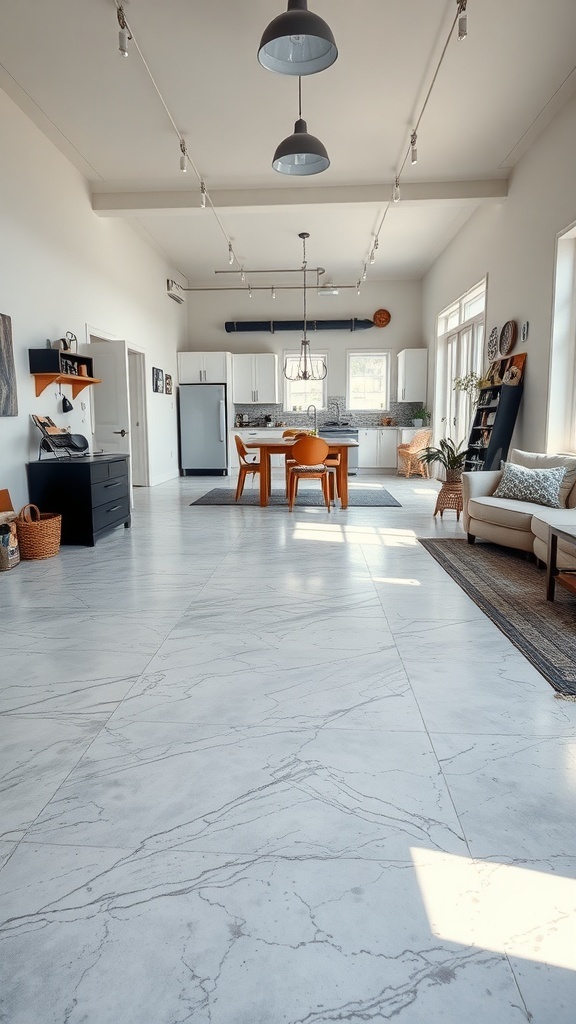 A spacious living area featuring a marble-look epoxy floor, modern furnishings, and bright lighting.