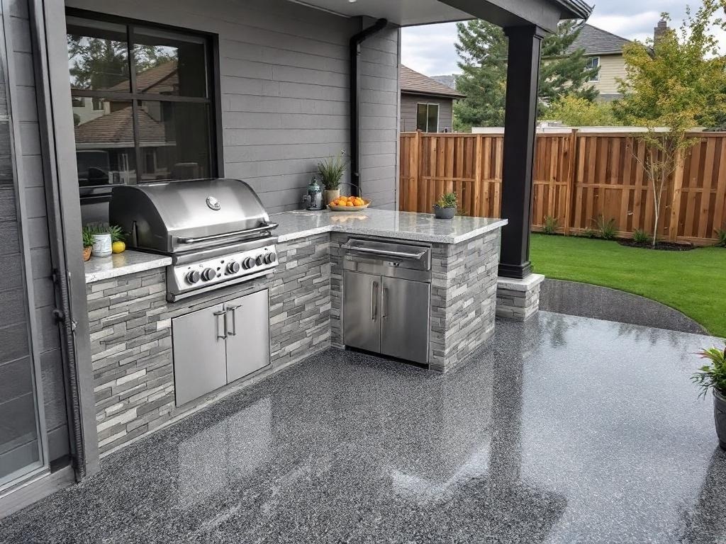 Outdoor barbecue station with a grill and epoxy-coated floor
