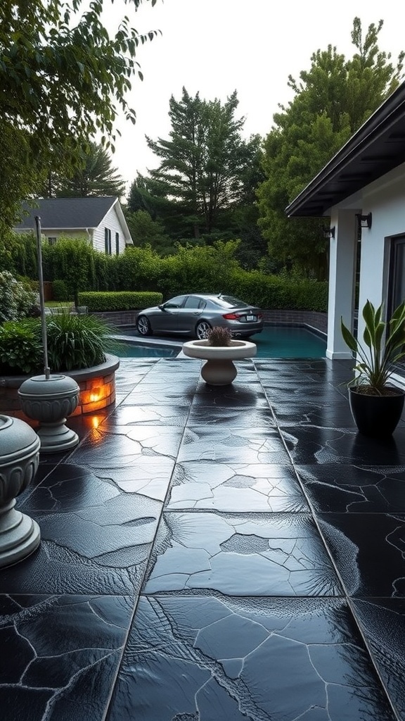 A beautifully designed black epoxy and stained concrete patio with a sleek finish, surrounded by greenery and a pool.