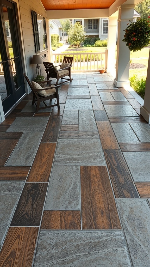 Textured stamped concrete patio with wood-like appearance