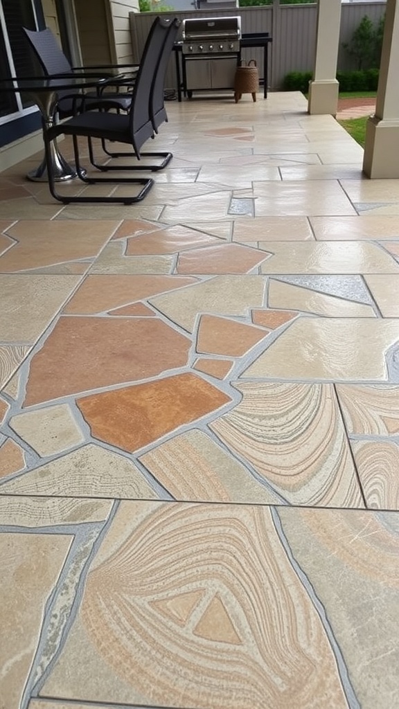Textured stamped concrete patio with a unique design and a modern outdoor seating area.