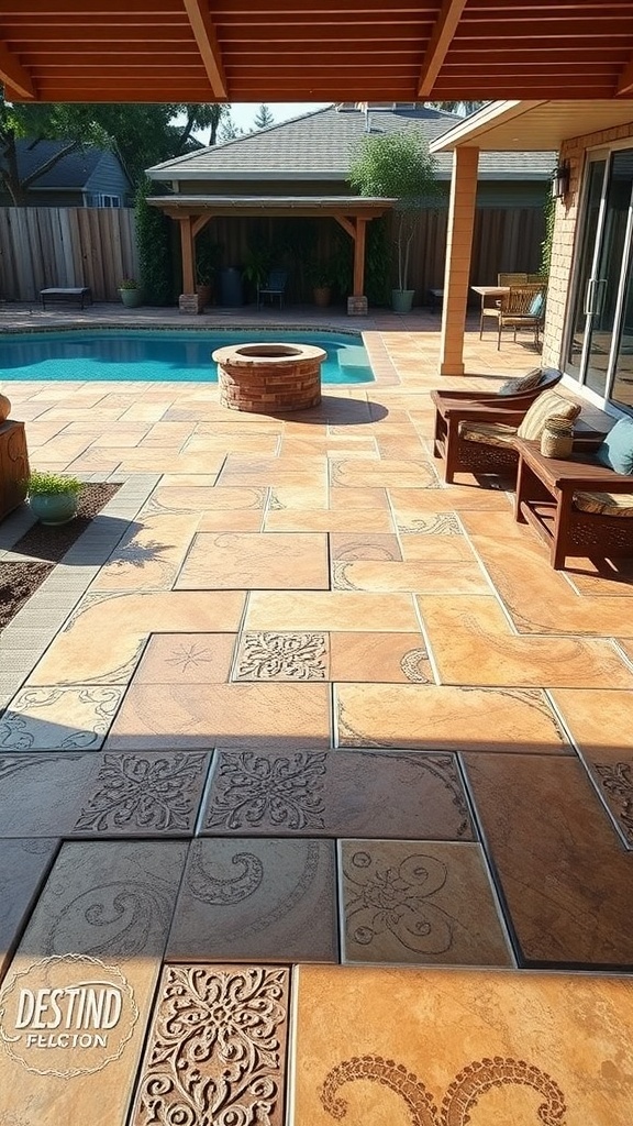 A beautifully designed textured stamped concrete patio with decorative patterns and a pool in the background.