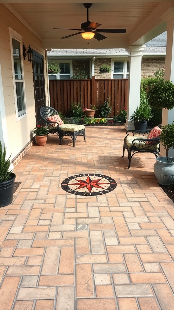 A textured stamped concrete patio featuring a compass design, surrounded by plants and outdoor seating.