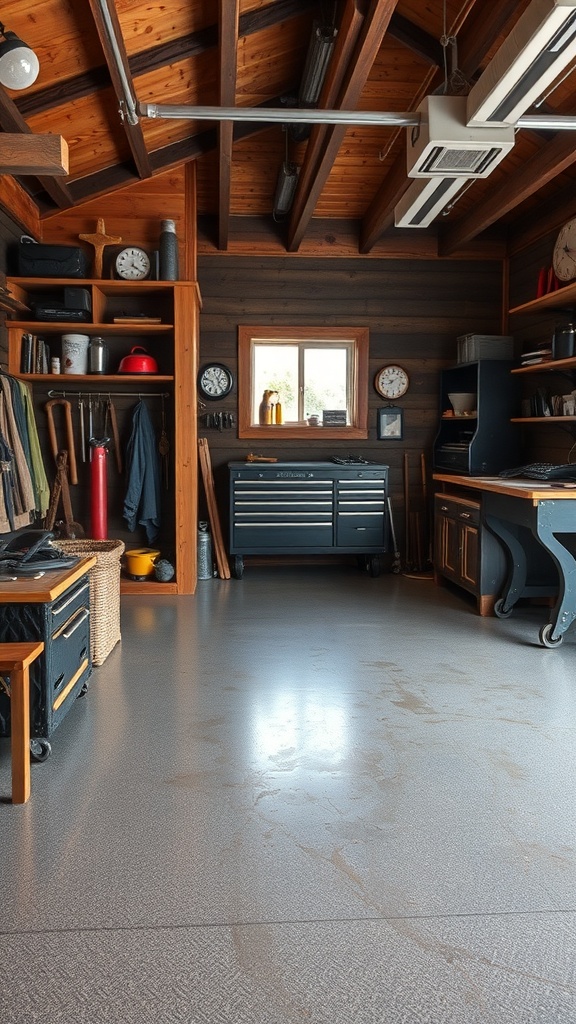 A spacious garage with a polished epoxy floor and wooden walls, showcasing a clean and modern design.