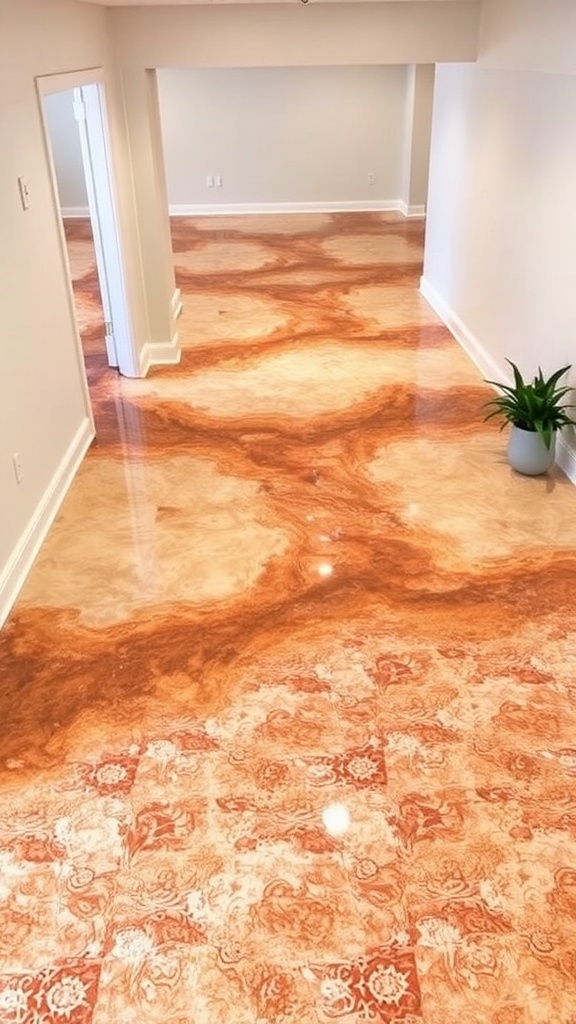 A spacious industrial area with a shiny brown metallic epoxy floor, showcasing its reflective surface and durability.