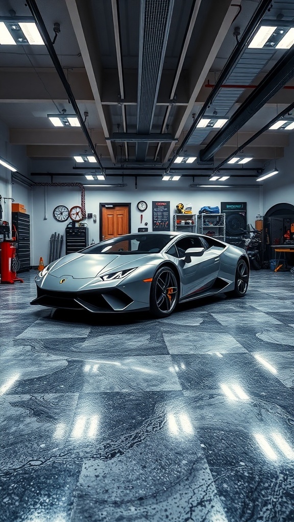 A modern garage featuring a sleek car on a glossy epoxy floor.