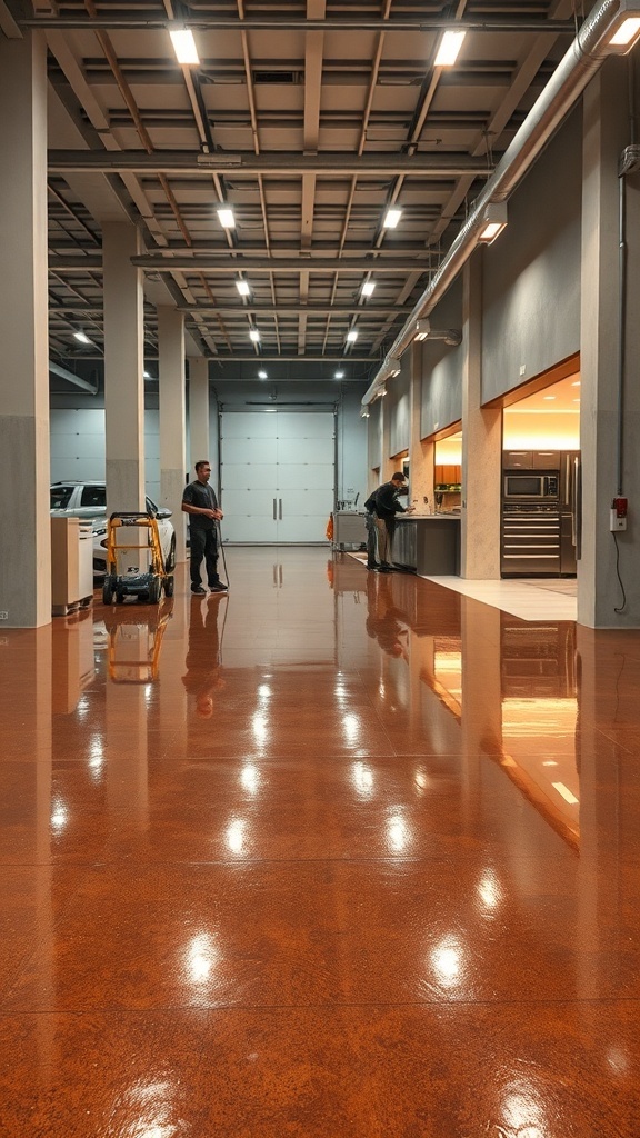 A spacious industrial area with a shiny brown metallic epoxy floor, showcasing workers applying finishing touches.