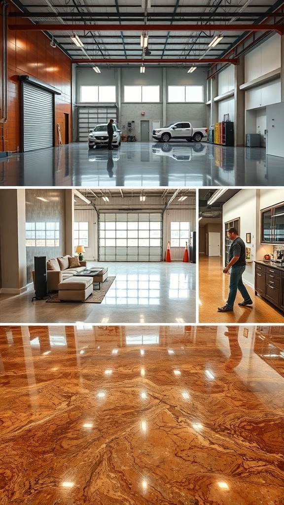 A collage of epoxy flooring in different settings: a garage with shiny epoxy floors, a living area with modern epoxy flooring, and a close-up of a brown metallic epoxy floor.