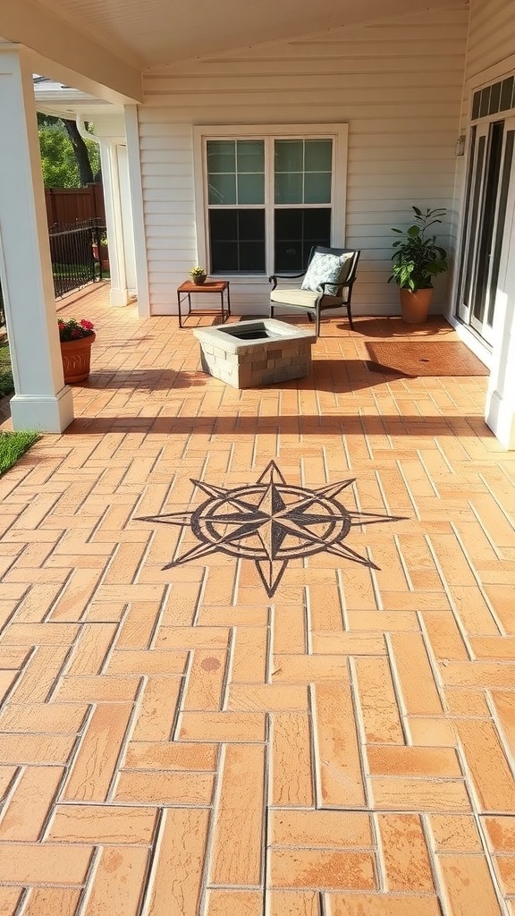 A stamped concrete patio featuring a compass design, showcasing warm tones and a cozy seating area.