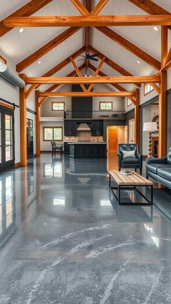 Interior of a barndominium featuring polished epoxy flooring and timber beams.