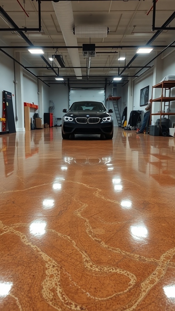 A garage with a shiny brown metallic epoxy floor and a car parked inside.