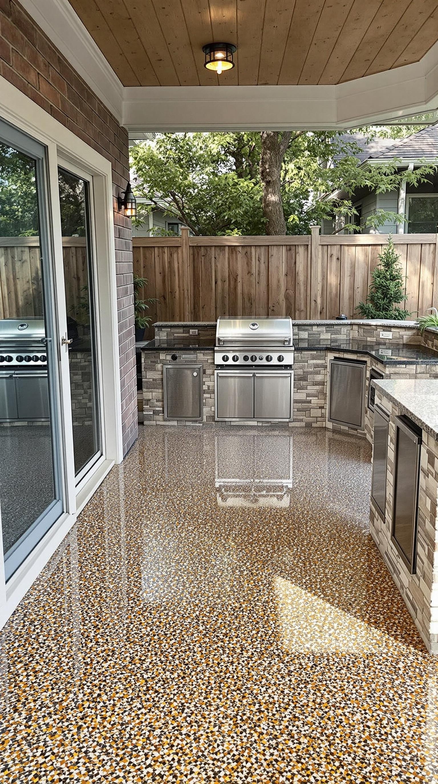 An outdoor kitchen with a beautiful epoxy floor, featuring a grill and stone countertops.
