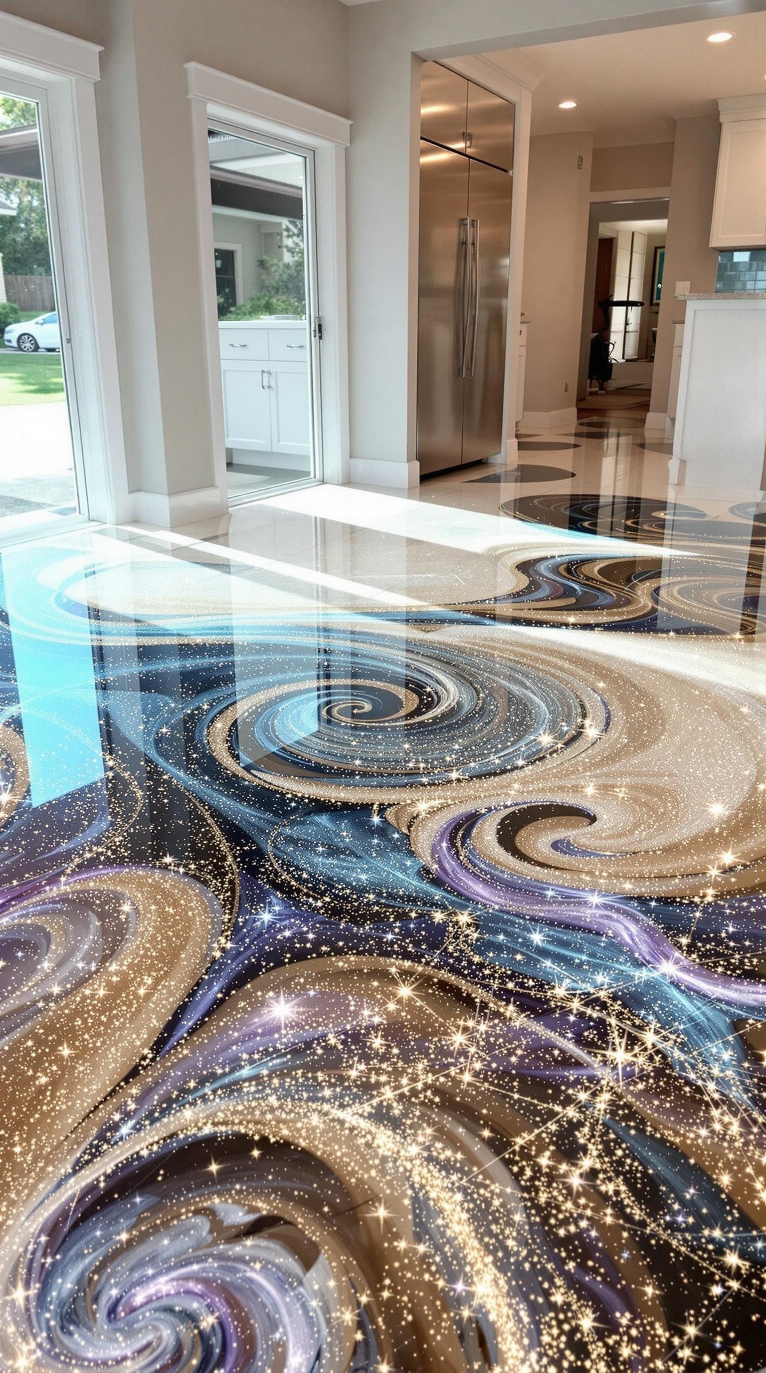 A beautifully designed translucent epoxy floor with swirling patterns and glitter, creating a light and airy feel in a modern home.