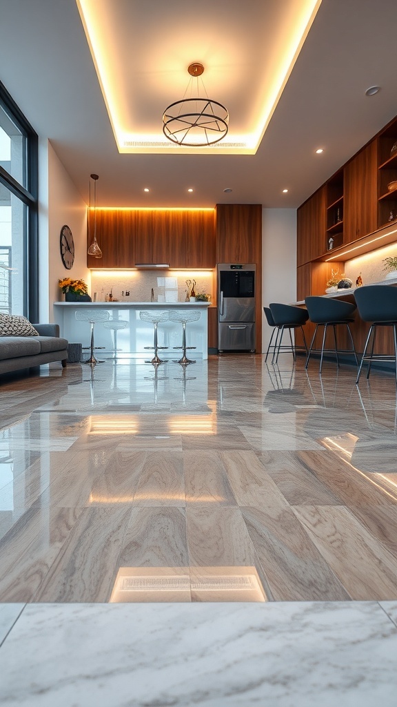 A modern kitchen with glossy marble epoxy flooring and warm lighting.