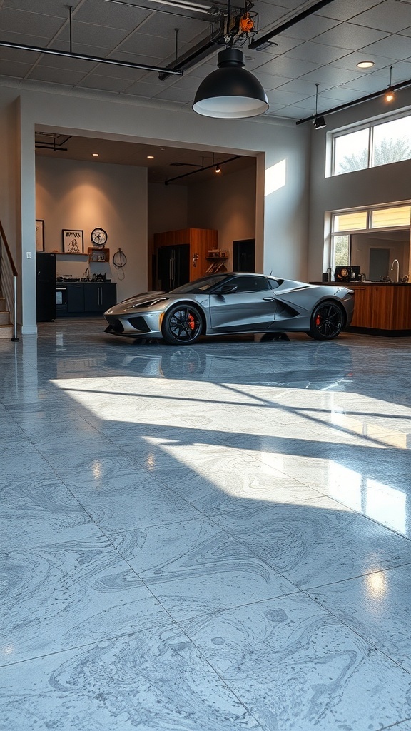A modern garage with a sleek gray epoxy floor and a luxury car.