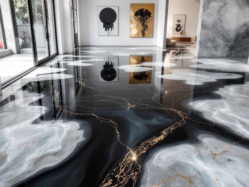 A modern interior with a glossy black and white epoxy floor featuring intricate designs and reflections.