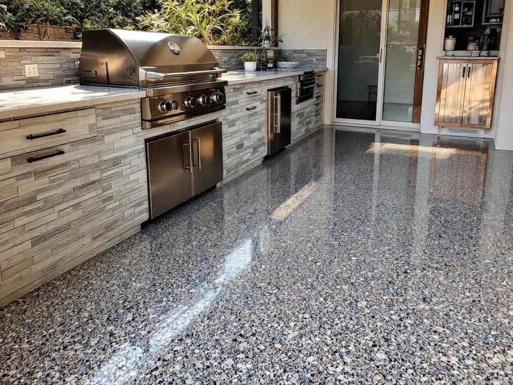 An outdoor barbecue station with a glossy epoxy floor, showcasing depth and elegance.