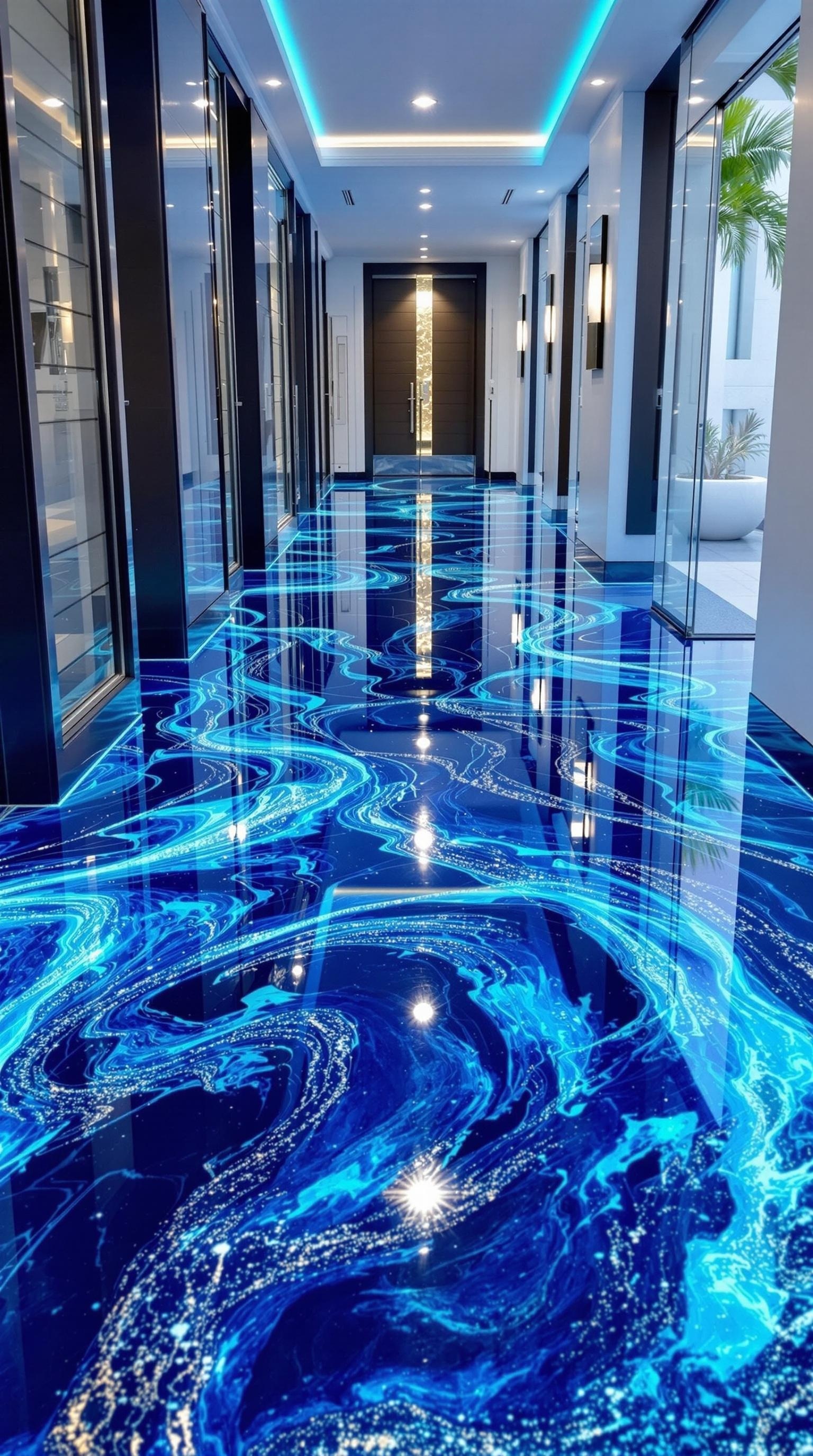 A hallway with glossy blue epoxy flooring, featuring swirling ocean blue patterns and bright lighting.
