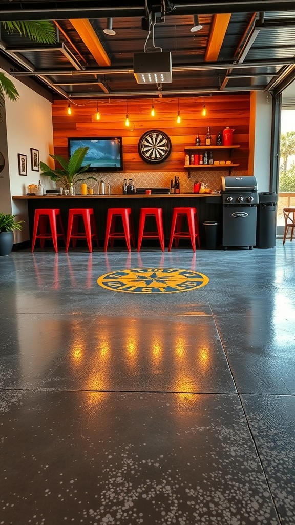 A stylish garage bar with polished epoxy flooring, featuring red stools, a dartboard, and tropical decor.