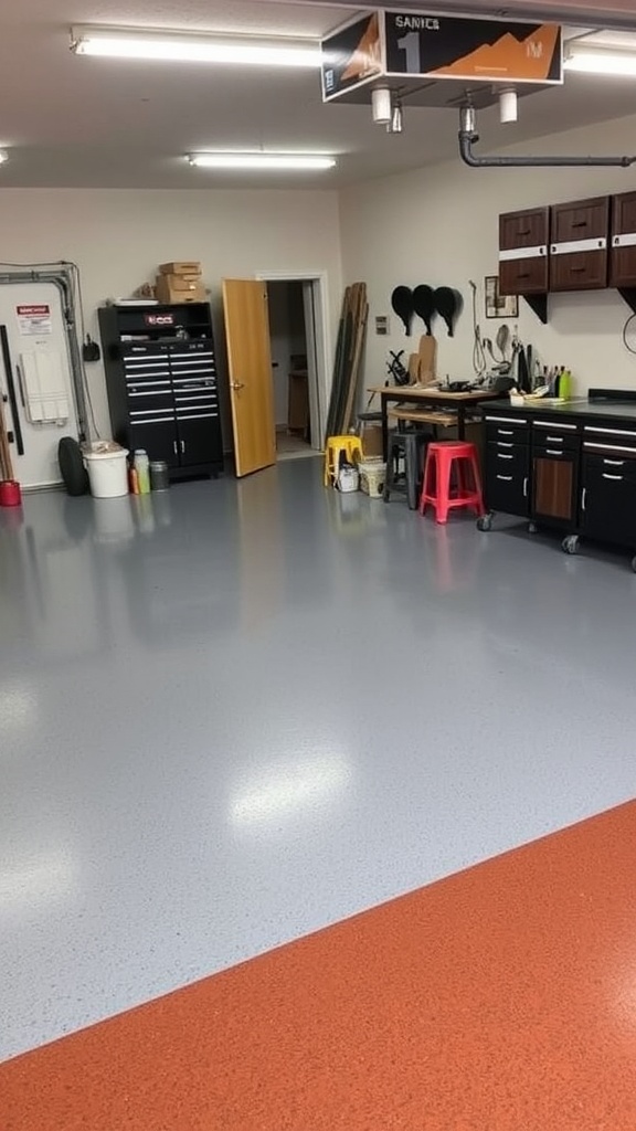 Two-tone epoxy floor in a garage workshop, showcasing dark brown and speckled gray finishes.