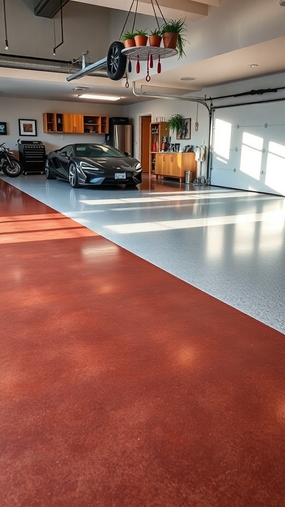 A garage featuring a two-tone epoxy floor with gray and reddish-brown sections, showcasing a sleek design.