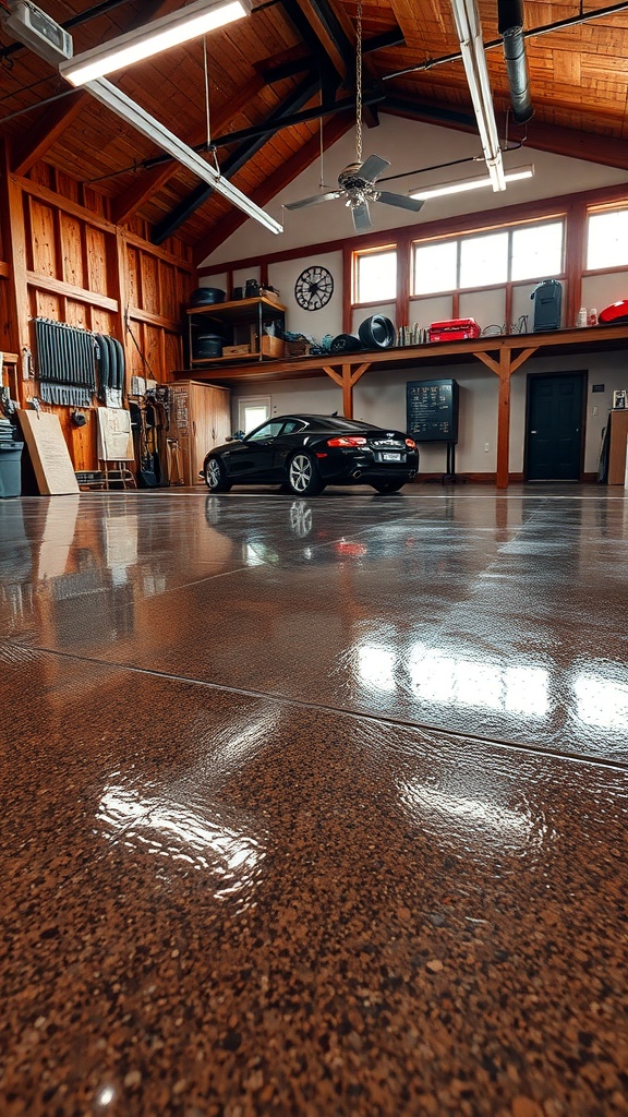 A rustic garage with a polished epoxy floor, showcasing a sleek design and ample space.