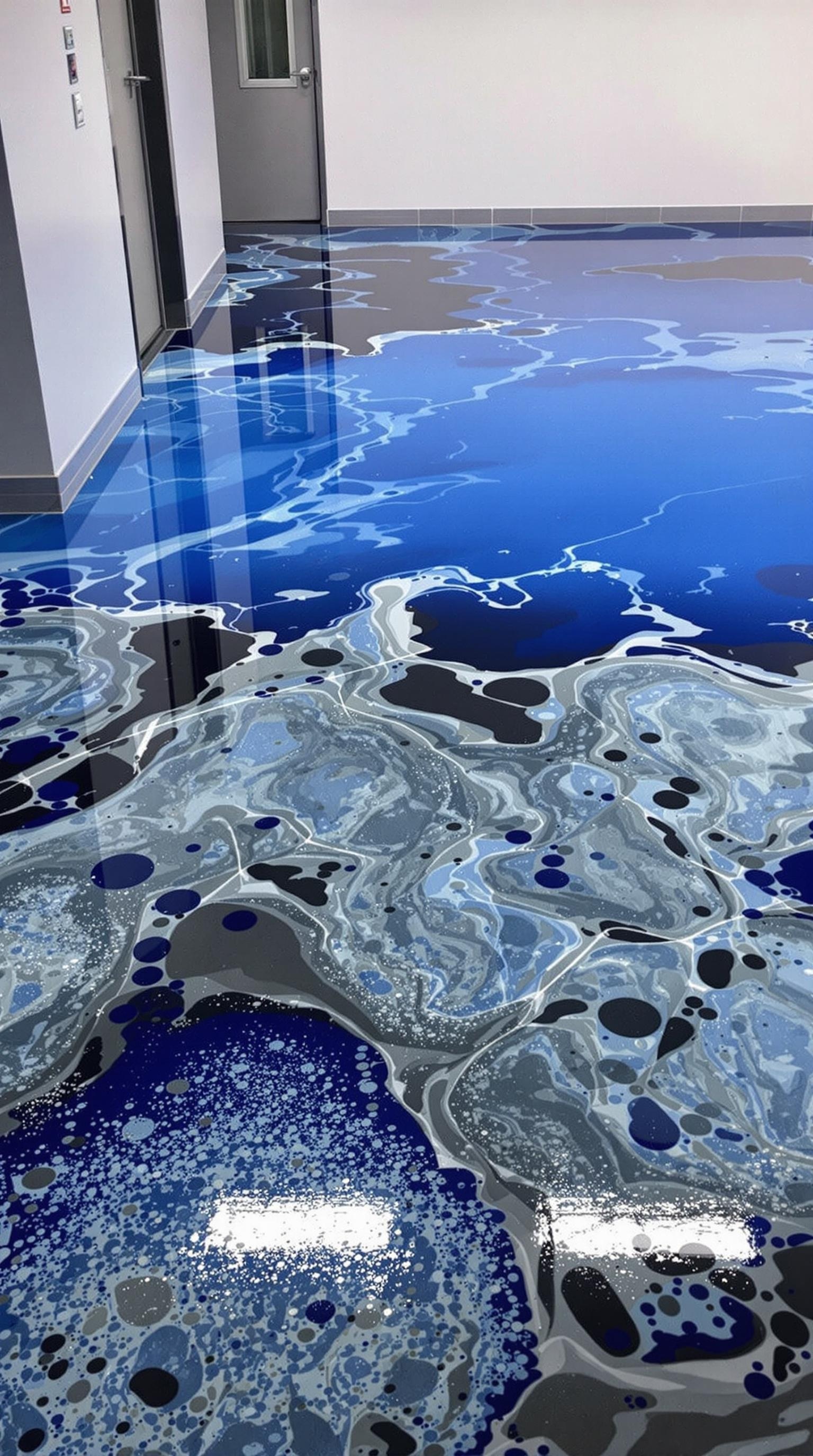 A hallway featuring a vibrant ocean blue epoxy floor design with swirling patterns and glowing elements.