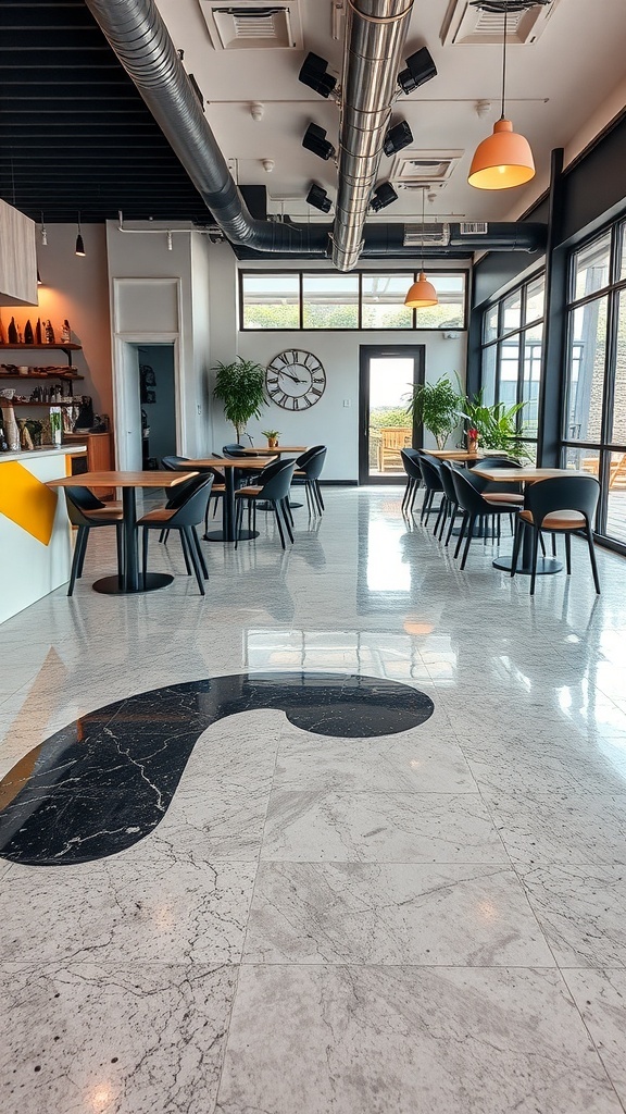 Stylish poured resin floor with unique black and white pattern in a modern cafe setting.