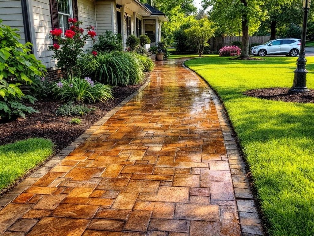 A stamped concrete pathway surrounded by lush greenery and flowers, leading to a home.