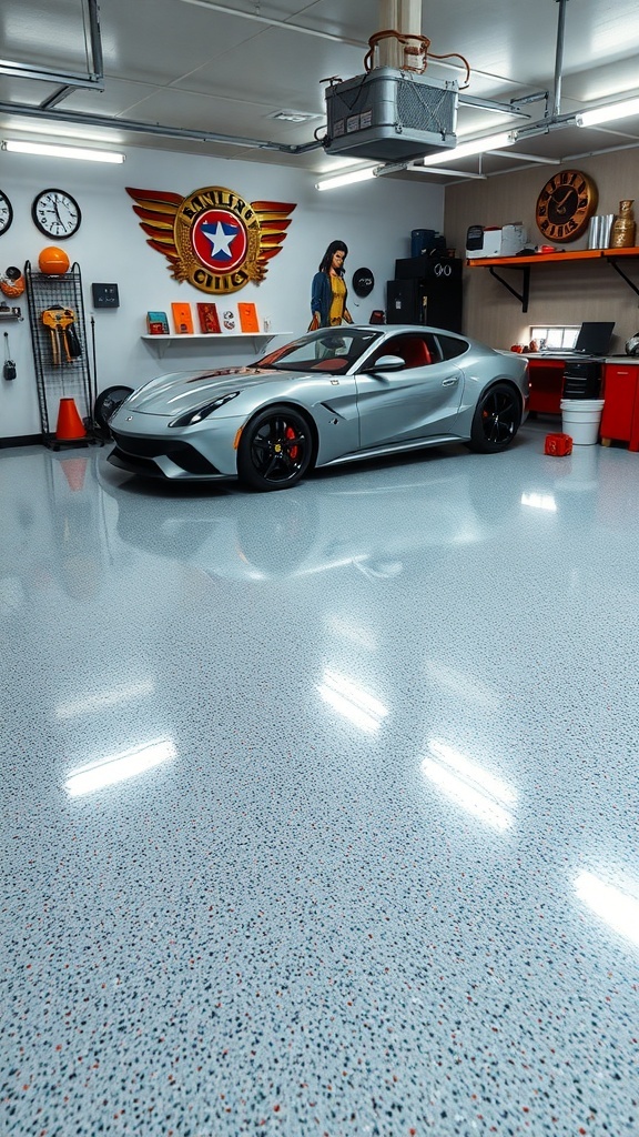 A stylish garage with a shiny flake epoxy floor and a sleek car, showcasing retro decor.