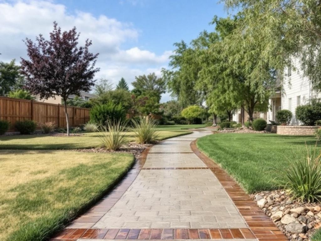 A beautifully landscaped yard featuring a curved stamped concrete pathway surrounded by greenery.