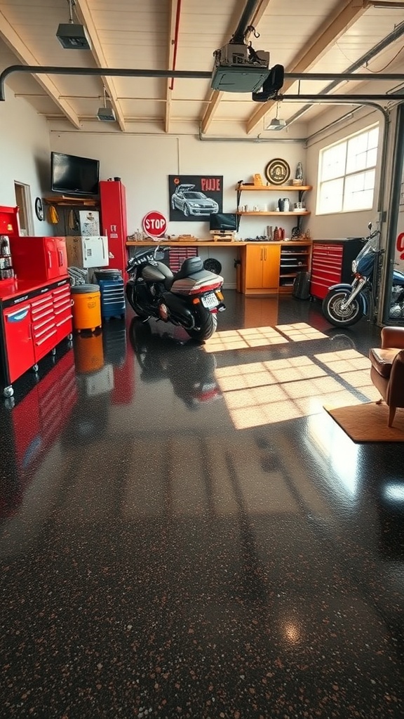 A well-organized garage workshop with a shiny epoxy floor, showcasing tools and motorcycles.