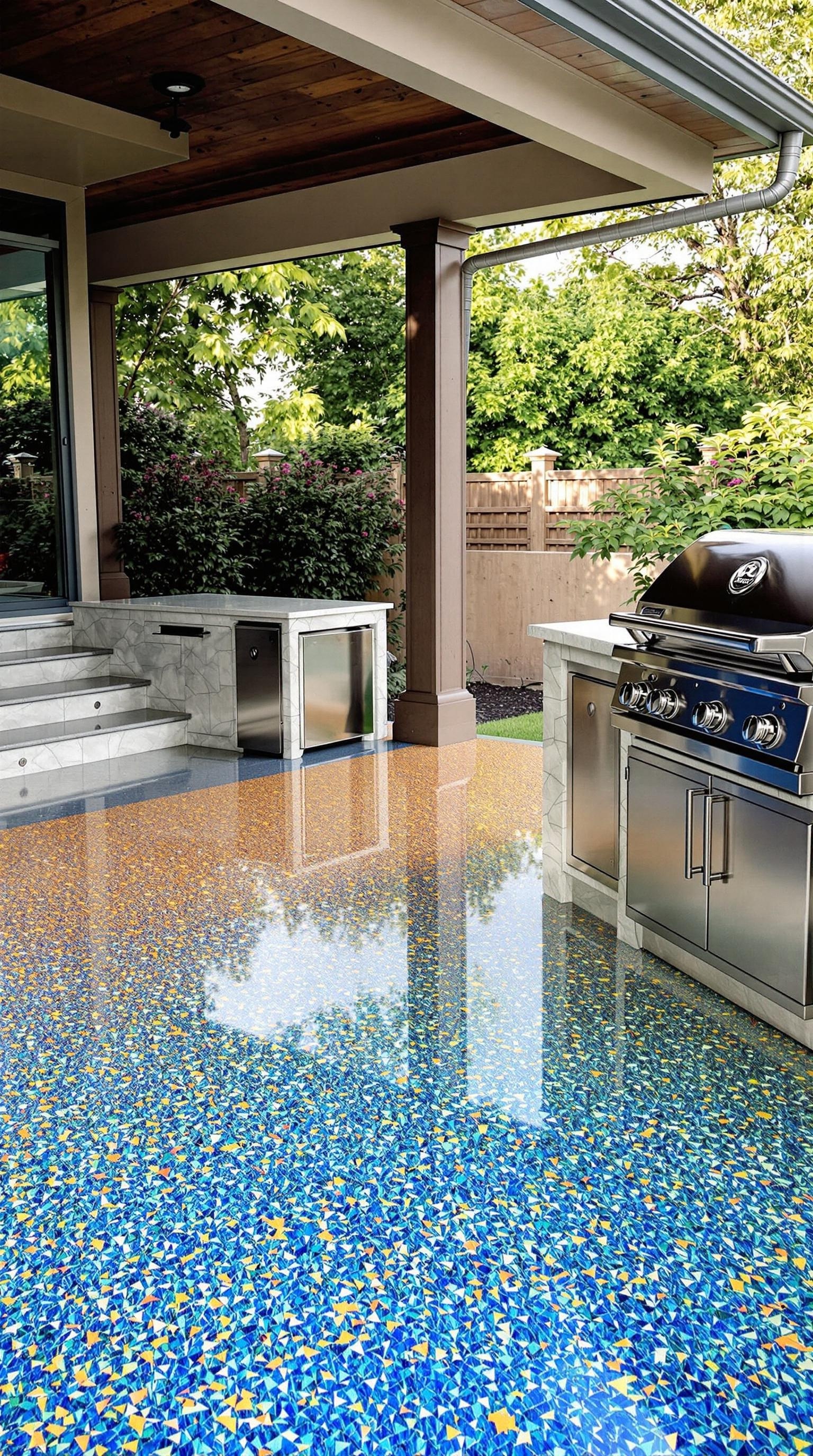 Colorful epoxy floor in an outdoor kitchen with a grill and countertop.