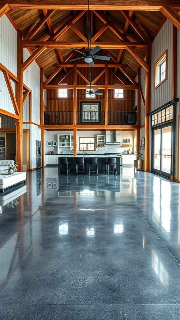 Interior of a modern barndominium showcasing polished epoxy flooring and rustic wooden beams.