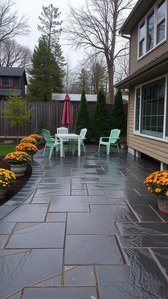 A dark gray stamped concrete patio with a fire pit and seating area, surrounded by greenery.