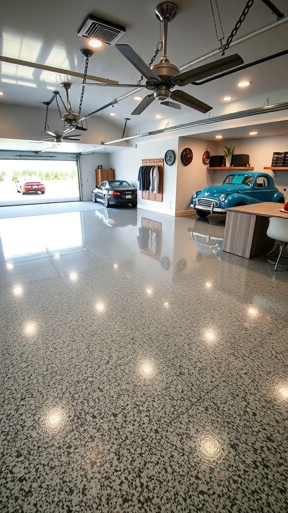 A modern garage with glossy epoxy floors, showcasing two cars and stylish decor.