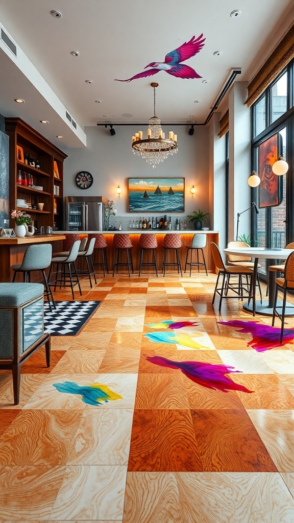A vibrant epoxy floor with wood textures and colorful splashes in a modern bar setting.