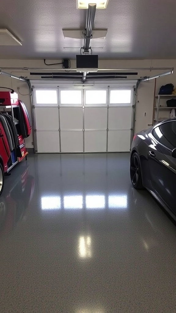 A vintage checkerboard epoxy floor in a garage workshop, featuring a bright and organized space.