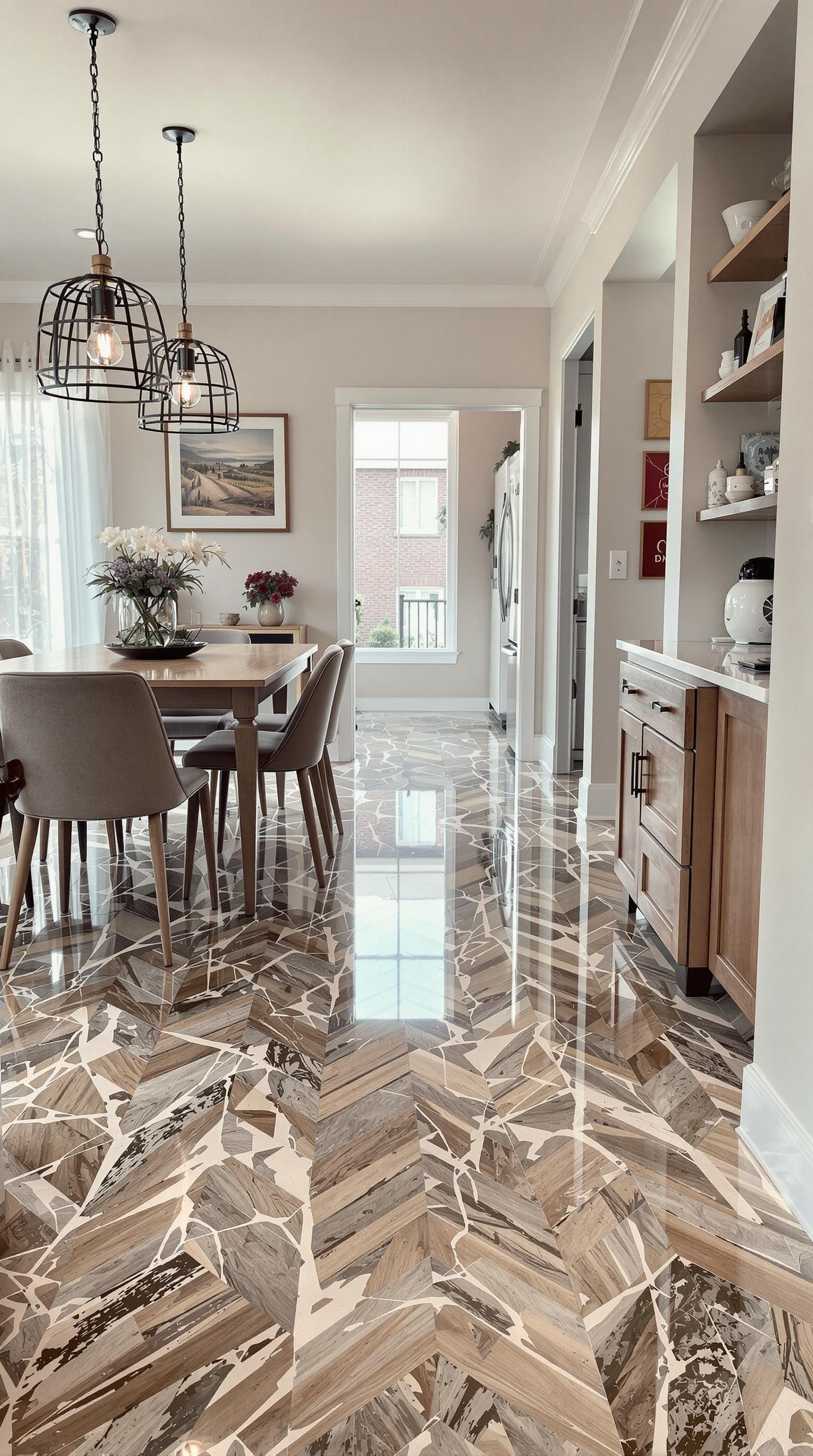 A beautifully designed vintage-style epoxy floor with a mix of wood and marble patterns.