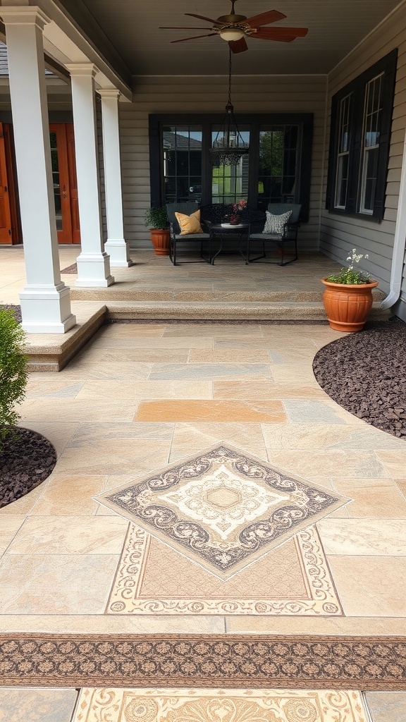 A vintage-styled porch with intricate stamped concrete patterns and a cozy seating area.