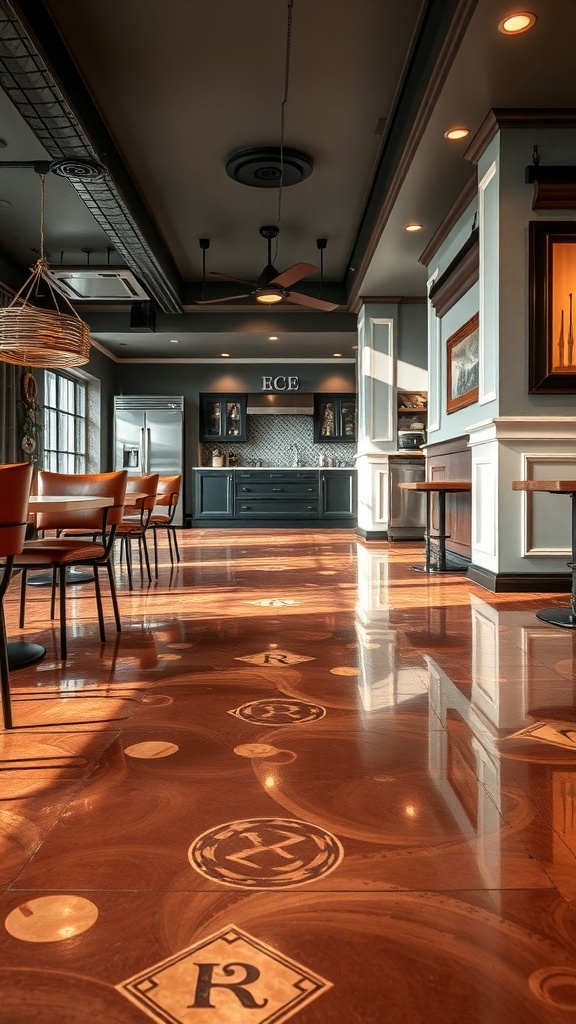 A stylish restaurant interior featuring a copper metallic epoxy floor with retro patterns, showcasing a blend of vintage charm and modern design.