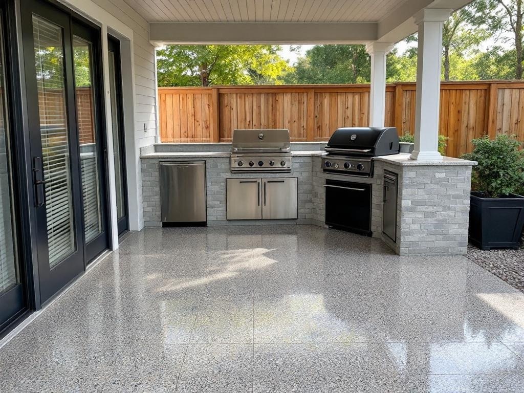 A modern outdoor barbecue station with a glossy epoxy floor, showcasing a sleek grill setup and a stylish design.
