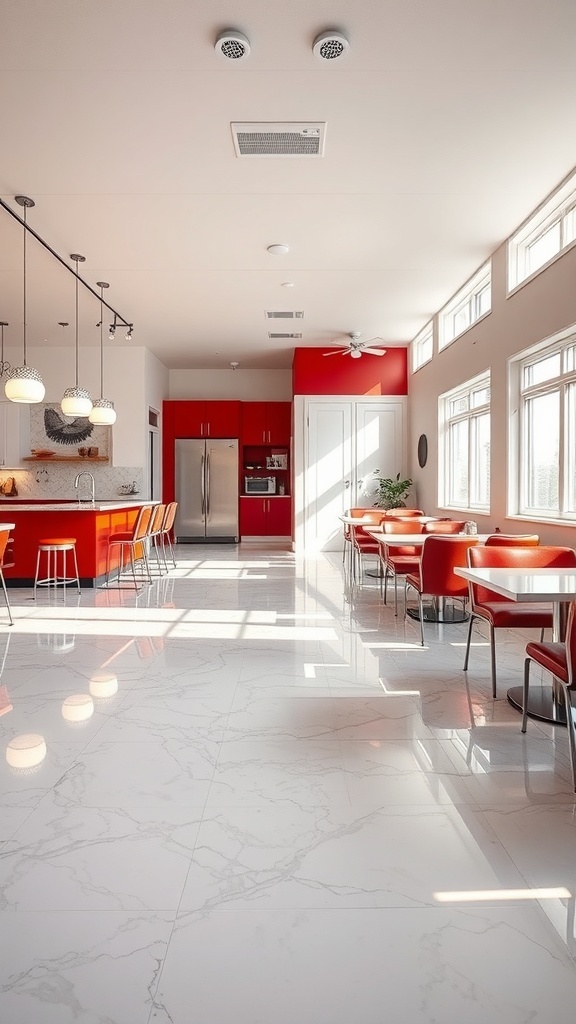 A bright kitchen featuring a marble-look epoxy floor with red accents.